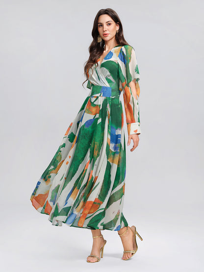 V-Neck Painterly Print Batwing Sleeve Dress