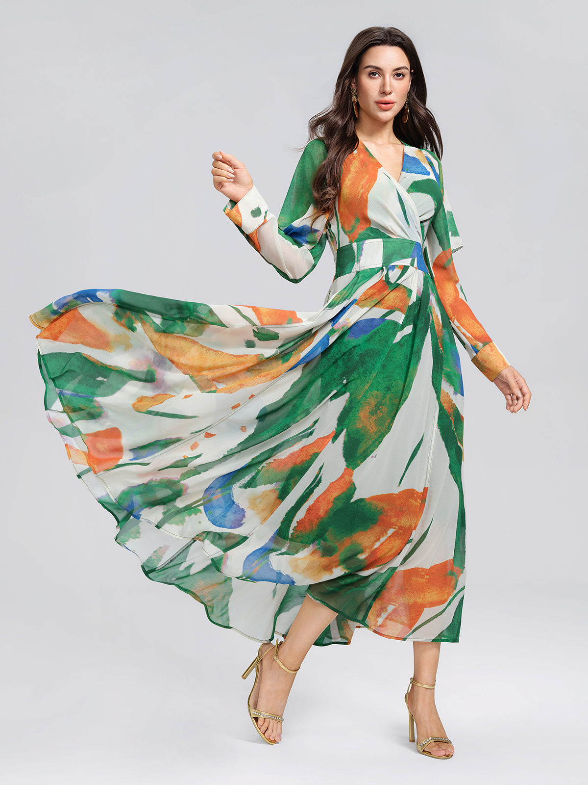 V-Neck Painterly Print Batwing Sleeve Dress