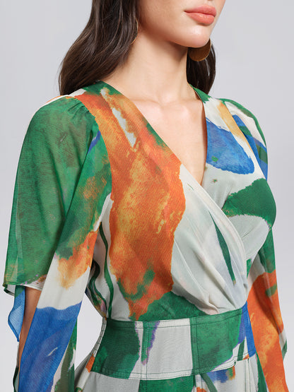 V-Neck Painterly Print Batwing Sleeve Dress