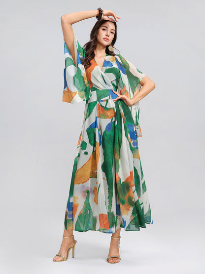 V-Neck Painterly Print Batwing Sleeve Dress