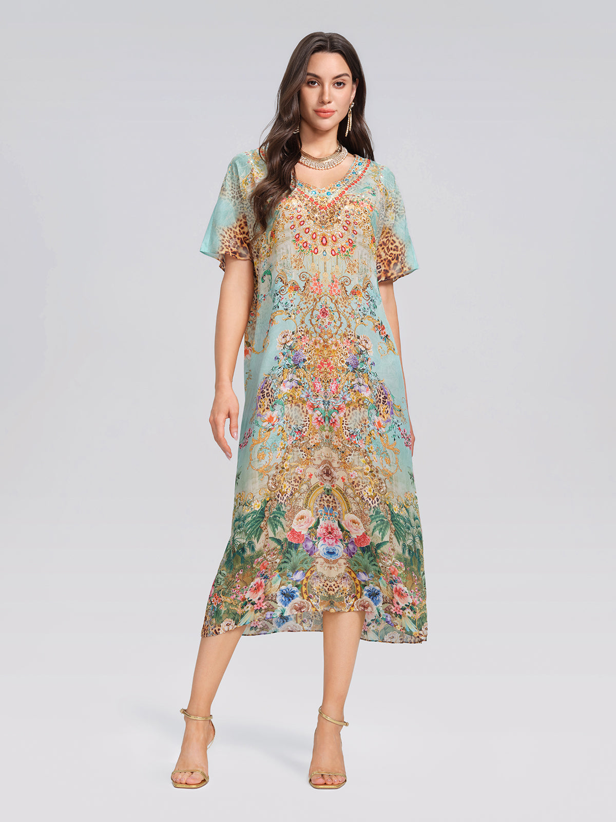 100% Silk Leopard Floral Rhinestone Asymmetric Hem Dress