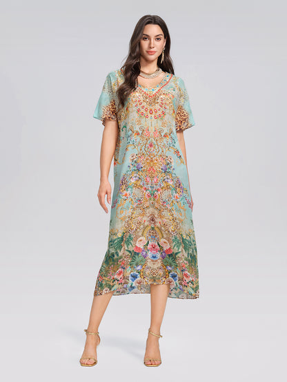 100% Silk Leopard Floral Rhinestone Asymmetric Hem Dress