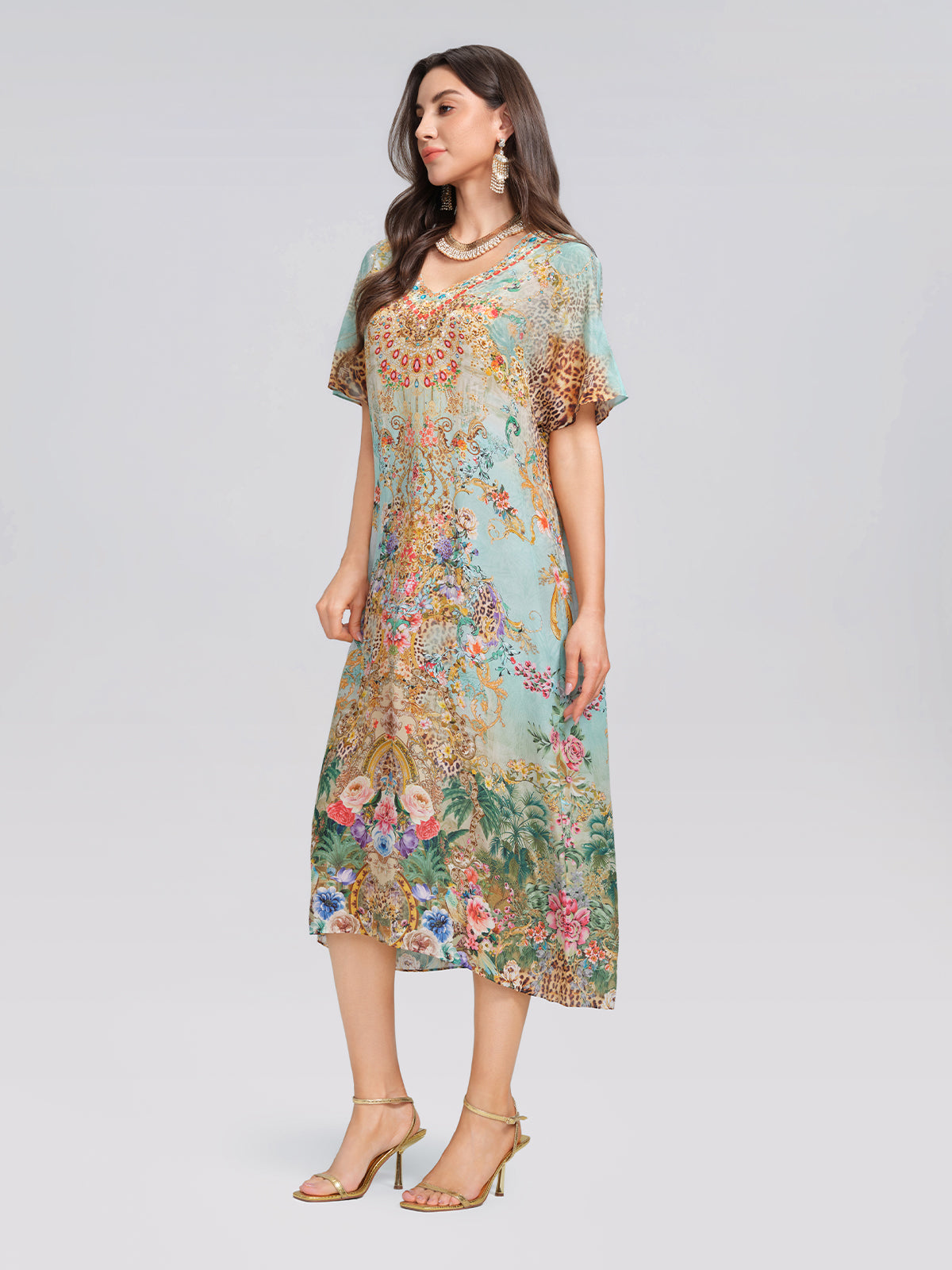 100% Silk Leopard Floral Rhinestone Asymmetric Hem Dress