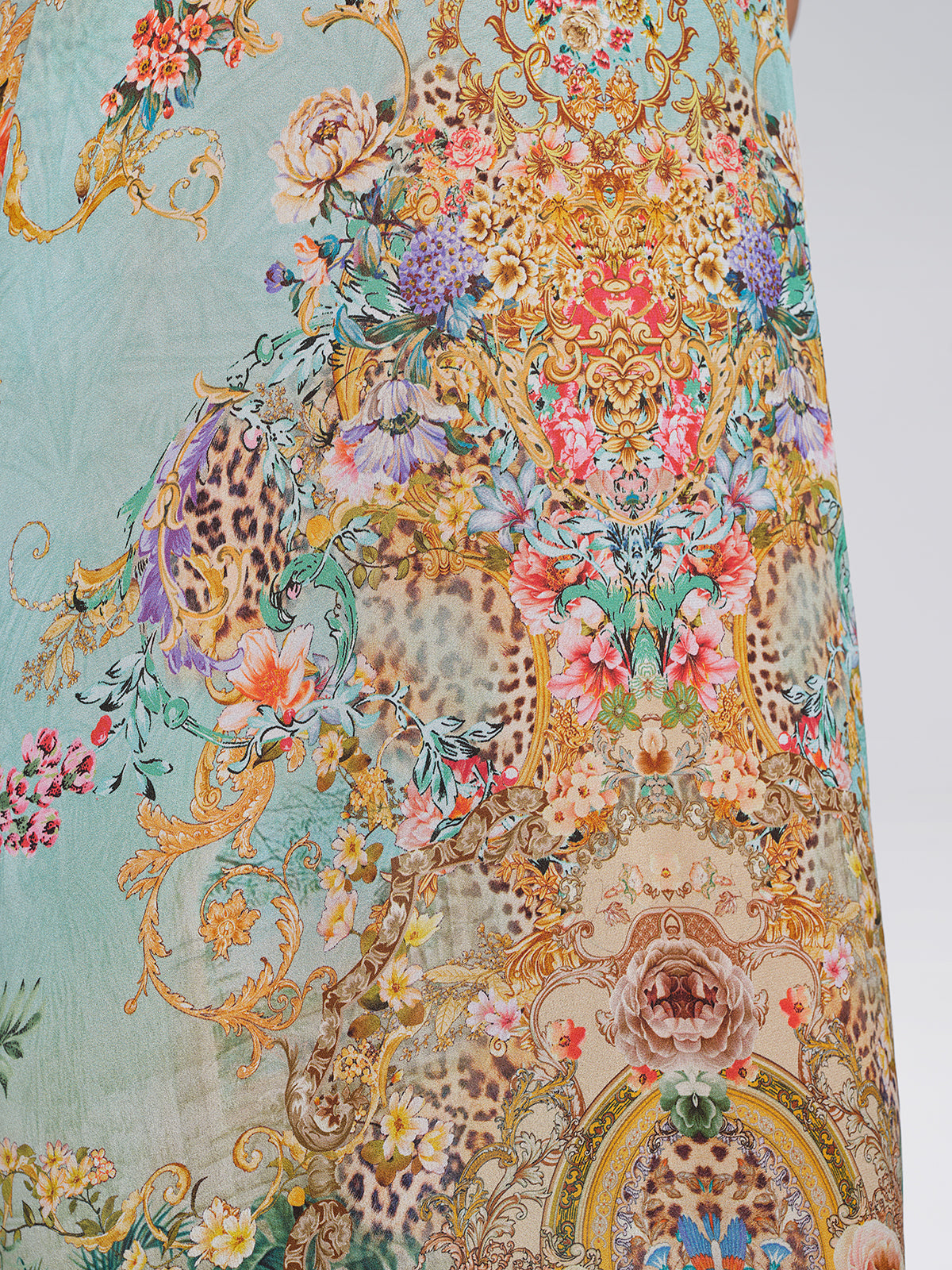 100% Silk Leopard Floral Rhinestone Asymmetric Hem Dress