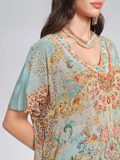 100% Silk Leopard Floral Rhinestone Asymmetric Hem Dress