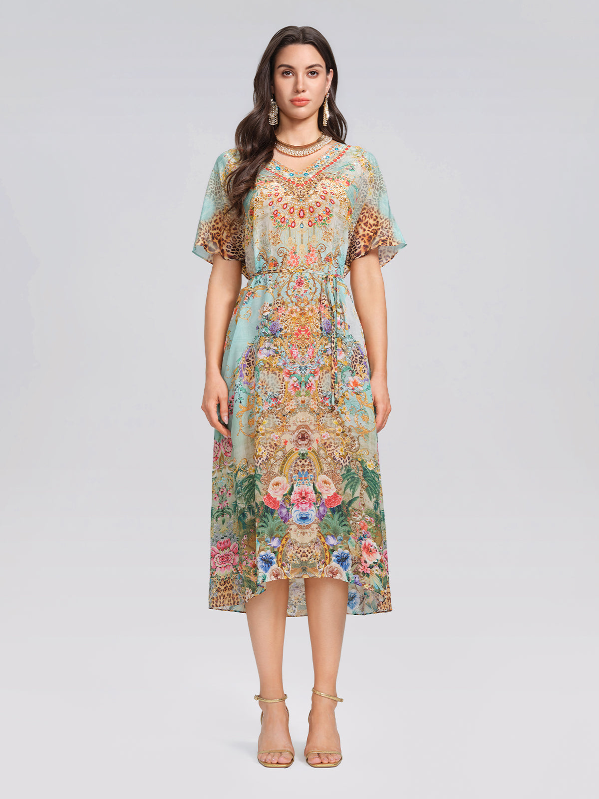 100% Silk Leopard Floral Rhinestone Asymmetric Hem Dress