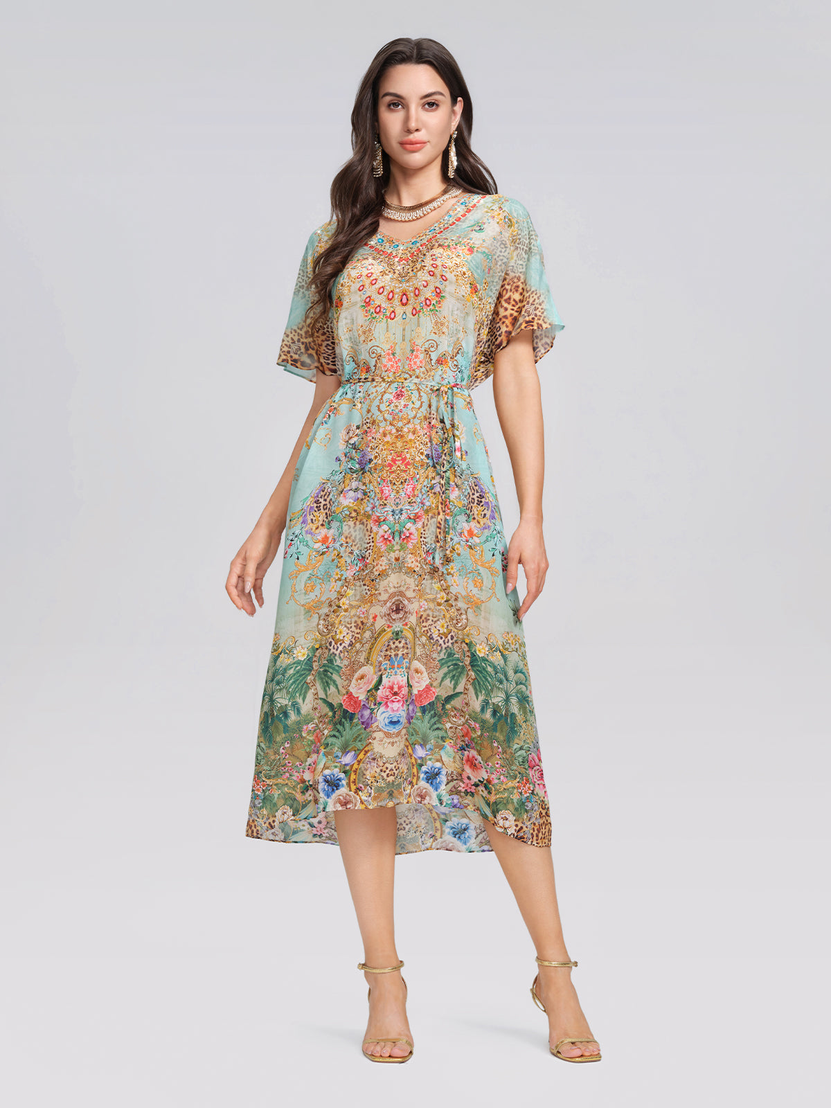 100% Silk Leopard Floral Rhinestone Asymmetric Hem Dress