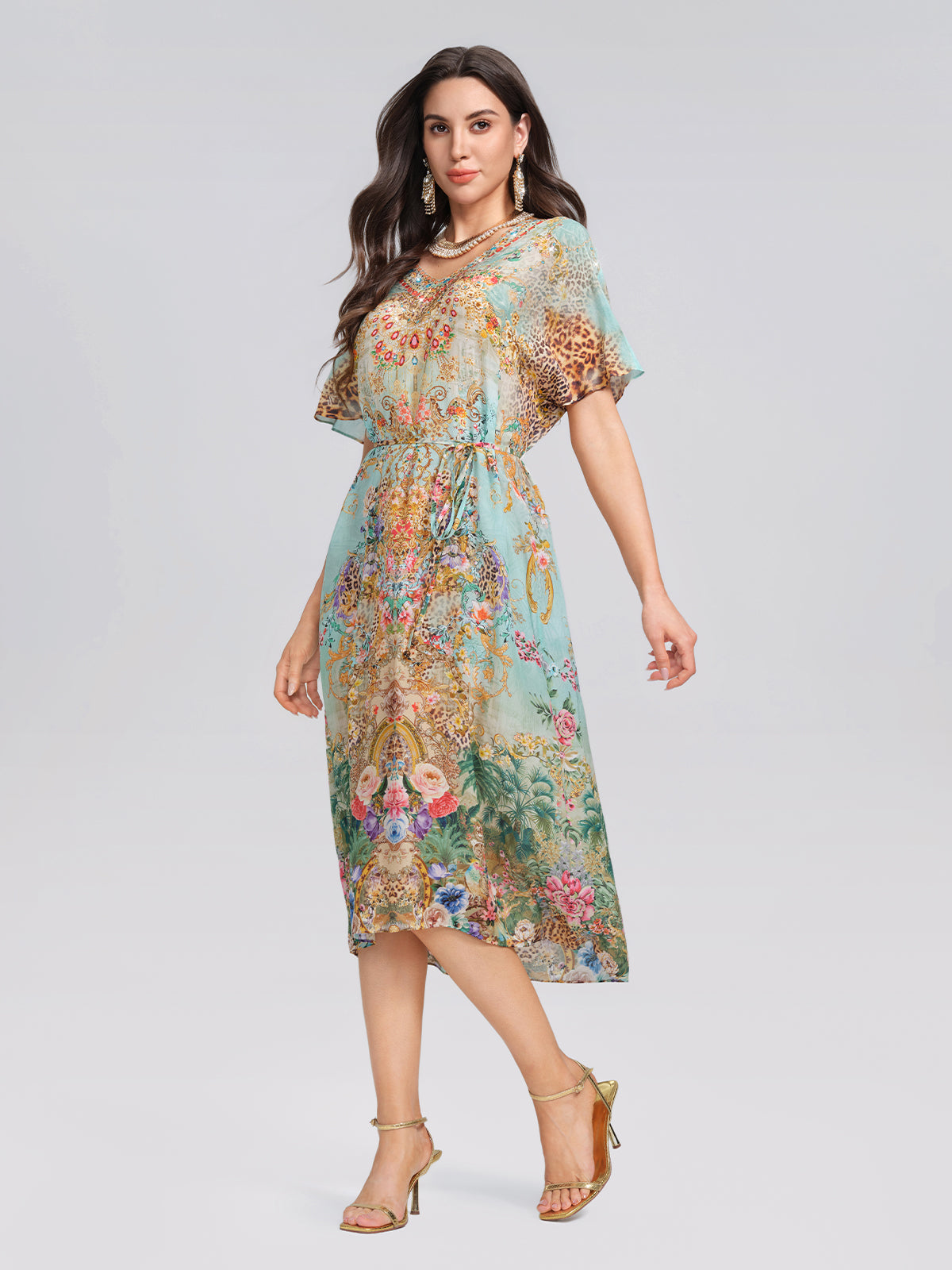 100% Silk Leopard Floral Rhinestone Asymmetric Hem Dress