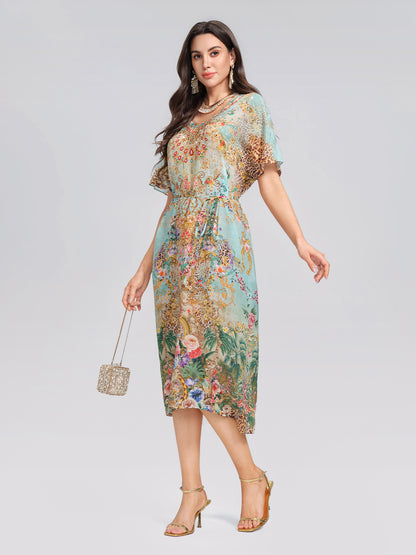 100% Silk Leopard Floral Rhinestone Asymmetric Hem Dress