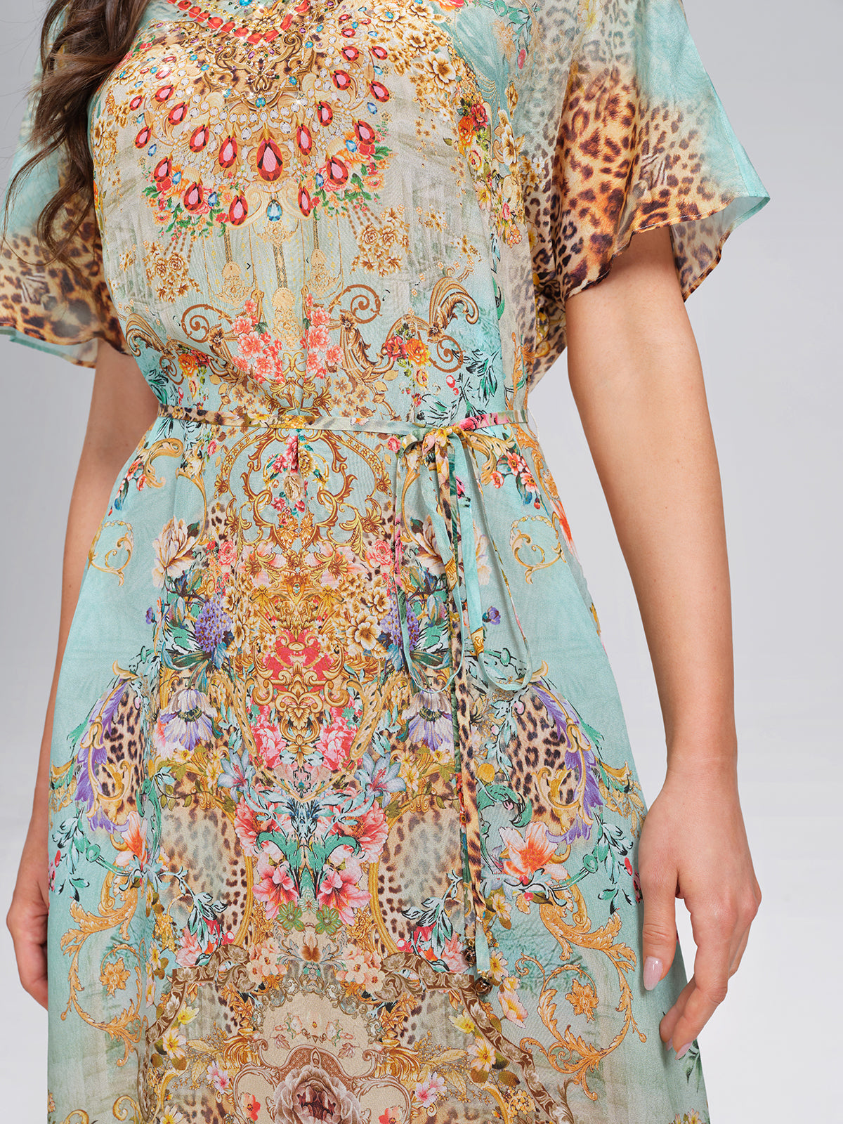 100% Silk Leopard Floral Rhinestone Asymmetric Hem Dress