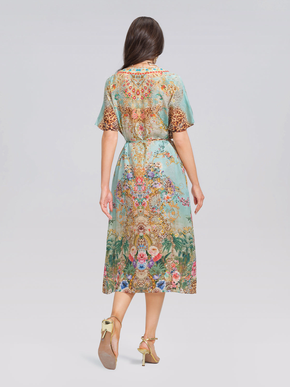 100% Silk Leopard Floral Rhinestone Asymmetric Hem Dress