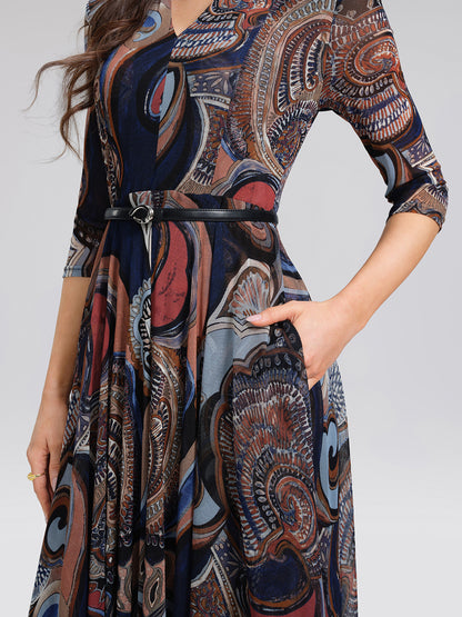 Stretch Mesh Retro Paisley Print High-waist A-line Dress