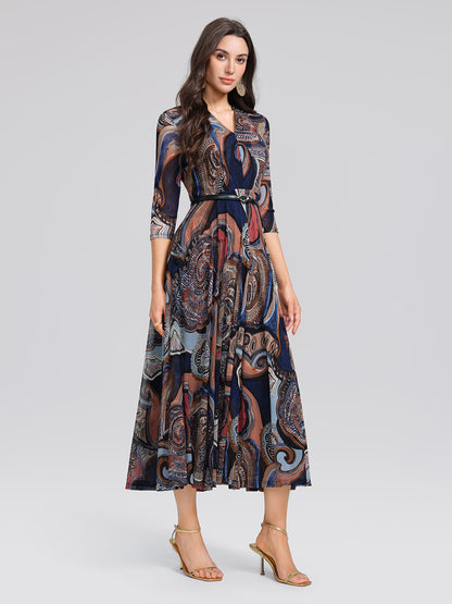 Stretch Mesh Retro Paisley Print High-waist A-line Dress