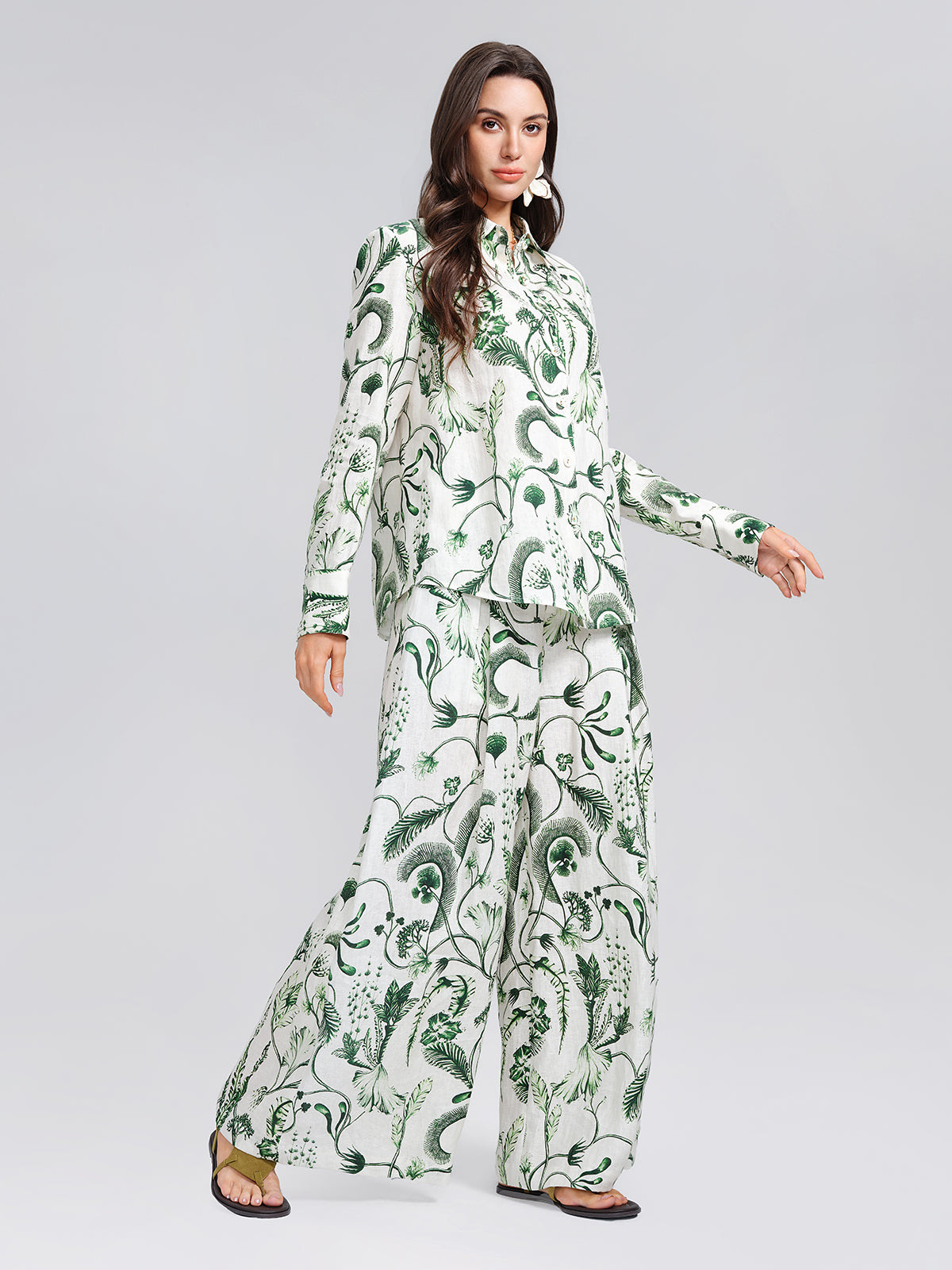 100% Linen Vintage Greenery Print Pants