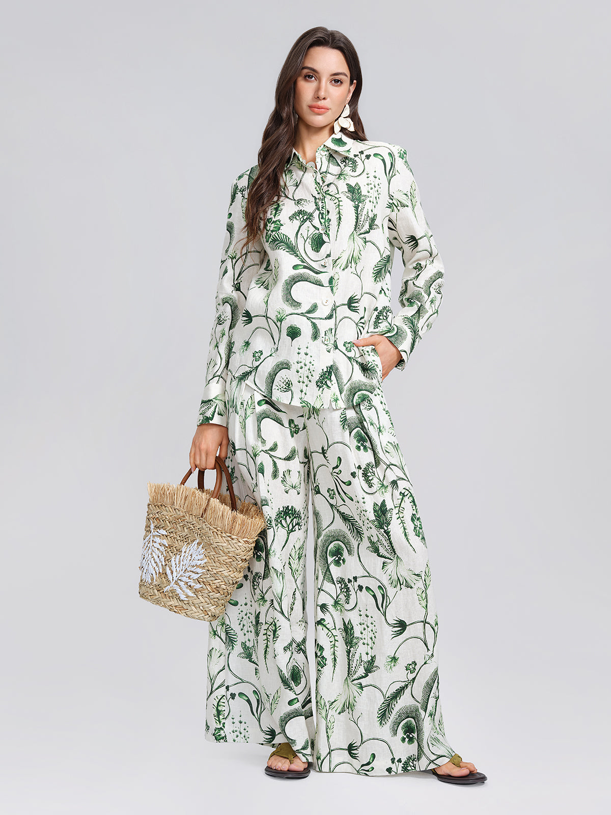 100% Linen Hand Painted Greenery Print Shirt