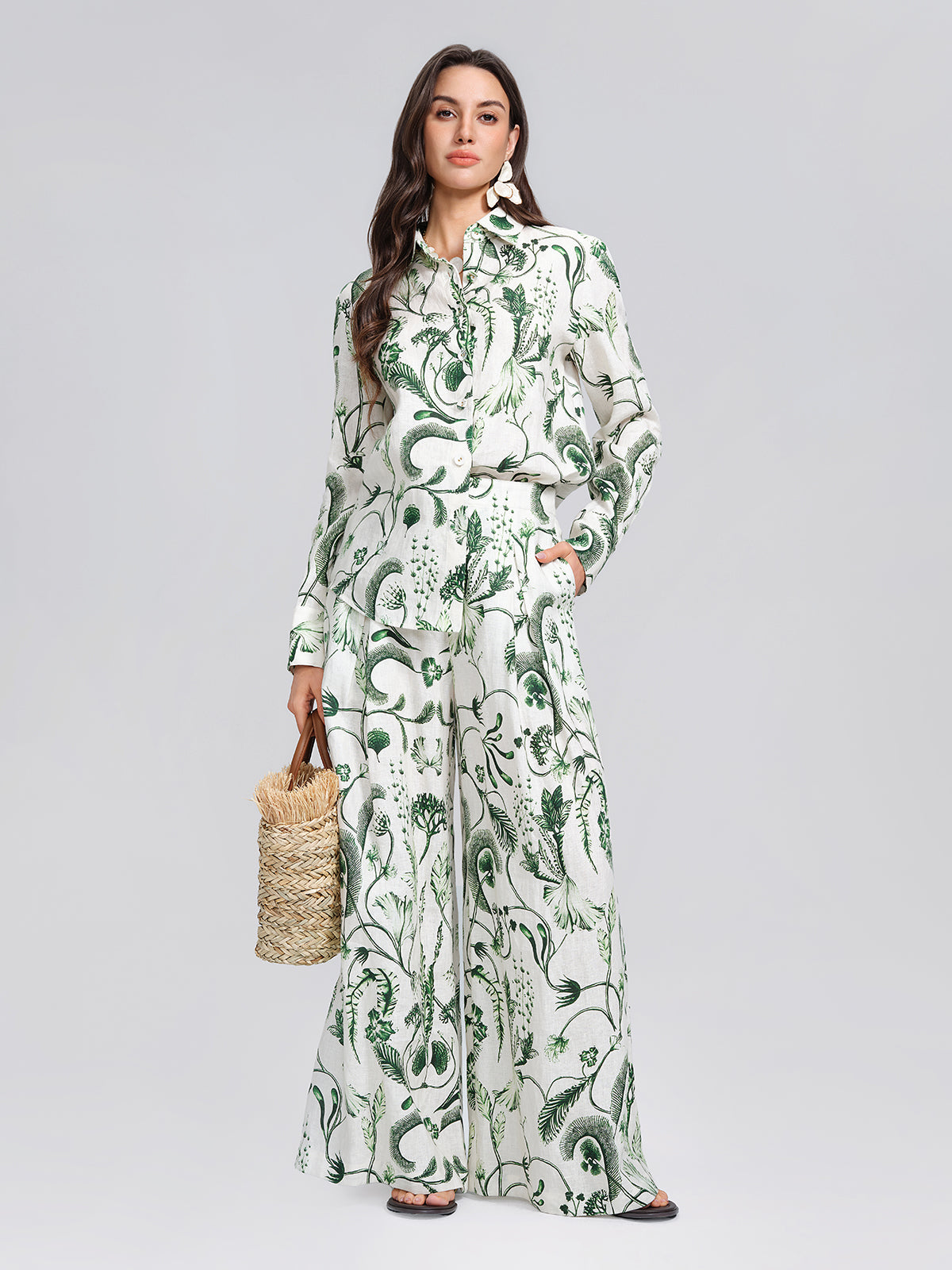100% Linen Vintage Greenery Print Pants