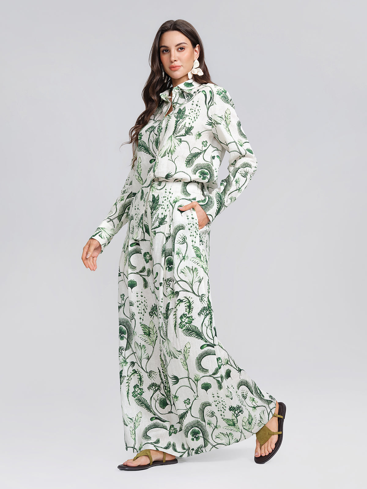 100% Linen Vintage Greenery Print Pants