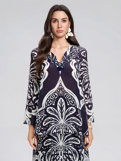 100% Silk Beaded Ethnic Paisley Print Blouse