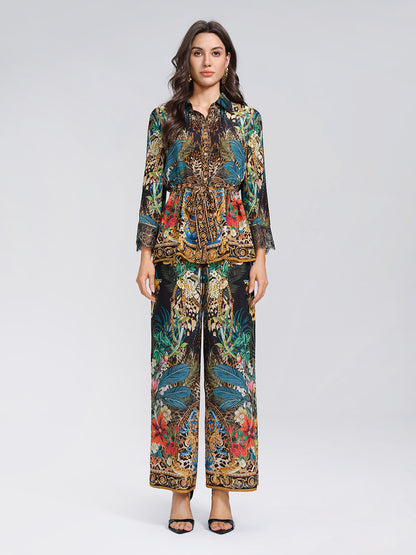 100% Silk Rhinestone Leopard Floral Shirt