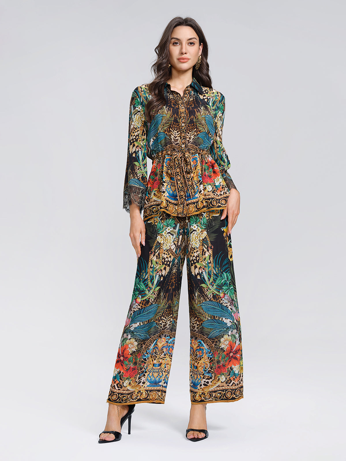 100% Silk Rhinestone Leopard Floral Shirt