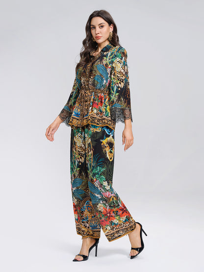 100% Silk Leopard Floral Wide Leg Pants