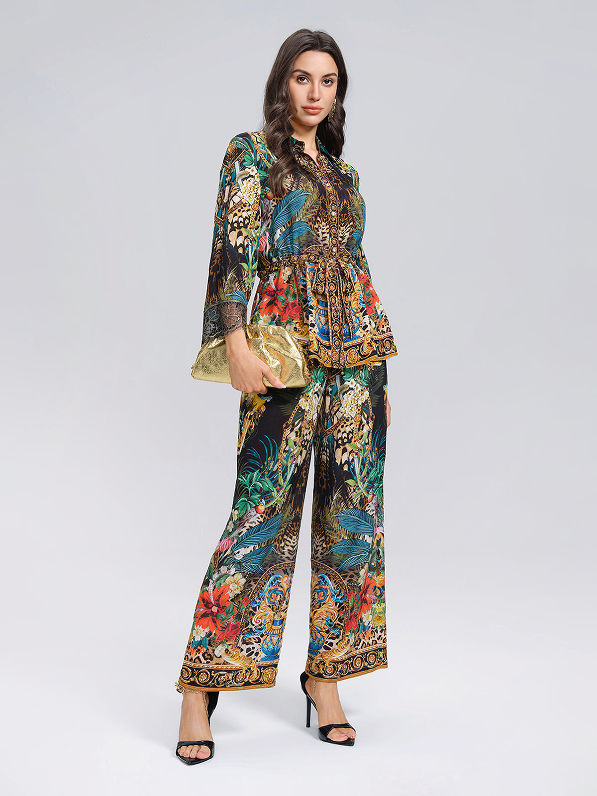 100% Silk Leopard Floral Wide Leg Pants