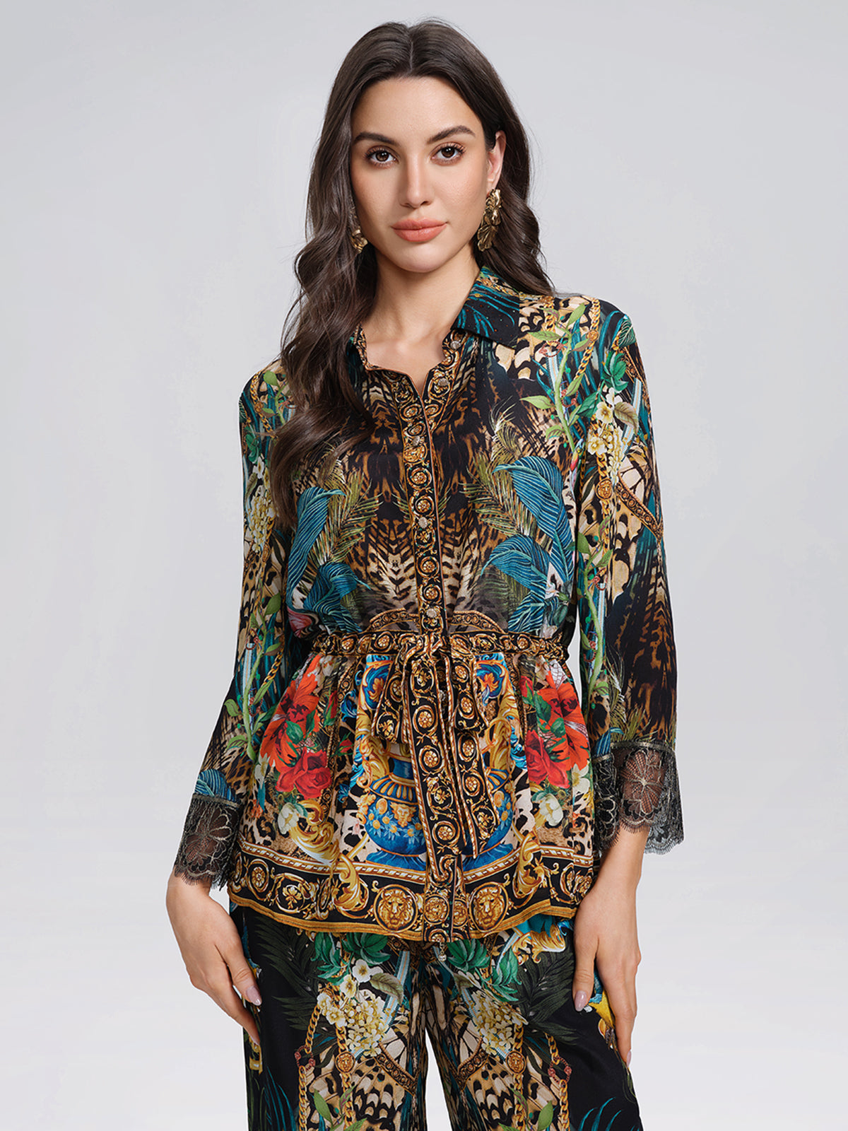 100% Silk Rhinestone Leopard Floral Shirt