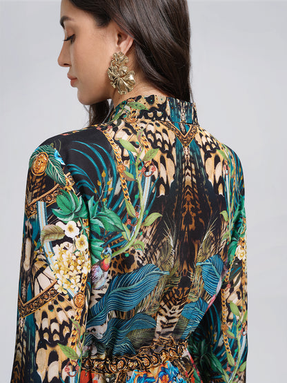 100% Silk Rhinestone Leopard Floral Shirt