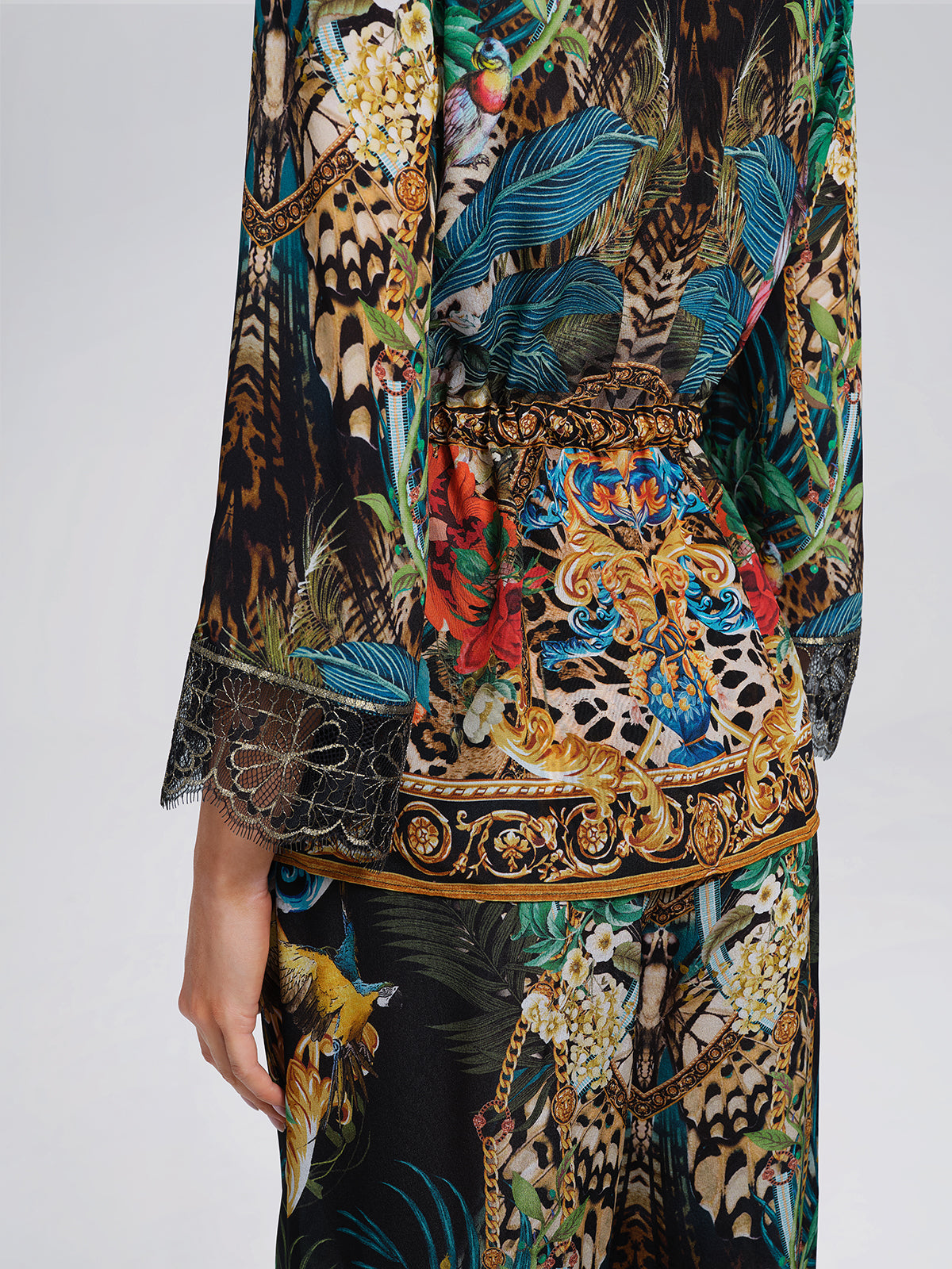 100% Silk Rhinestone Leopard Floral Shirt