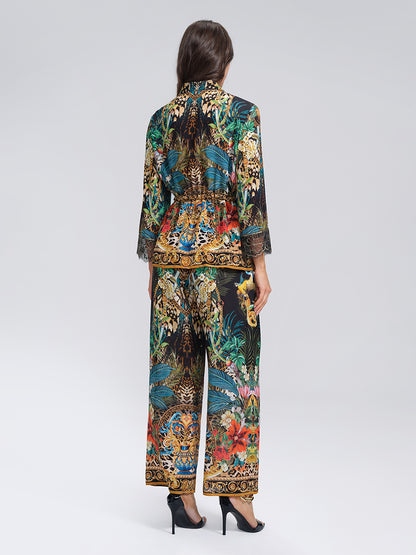 100% Silk Rhinestone Leopard Floral Shirt