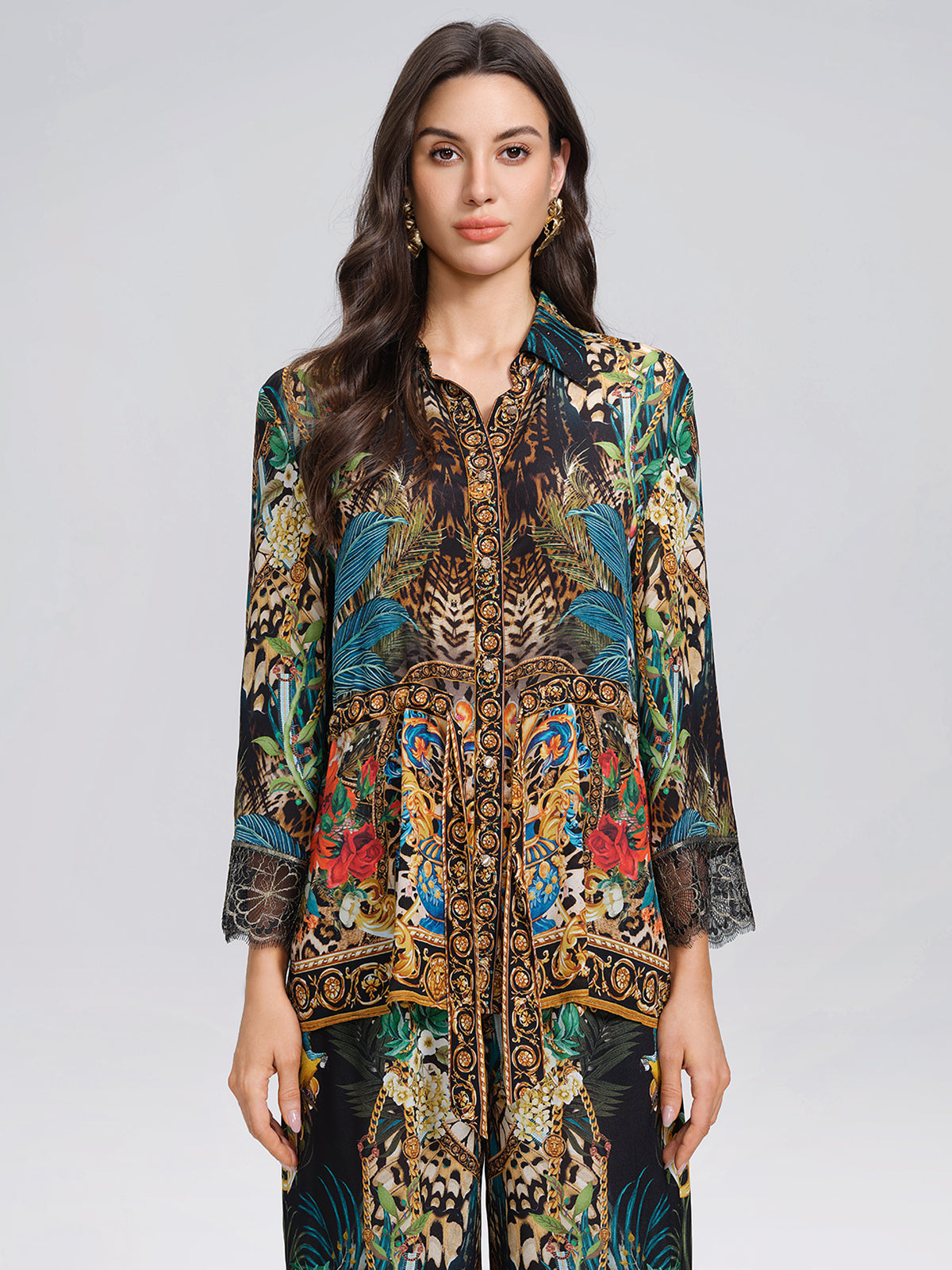 100% Silk Rhinestone Leopard Floral Shirt