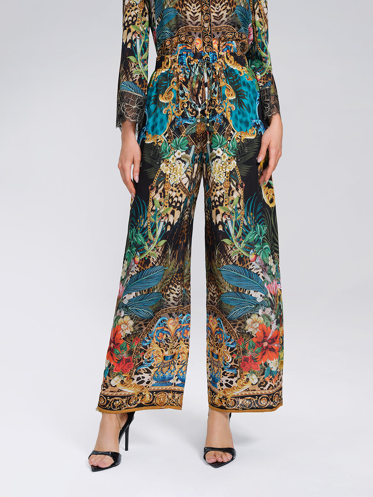 100% Silk Leopard Floral Wide Leg Pants