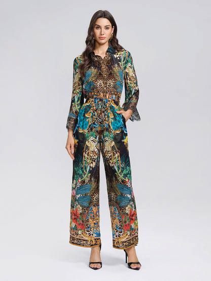 100% Silk Rhinestone Leopard Floral Shirt