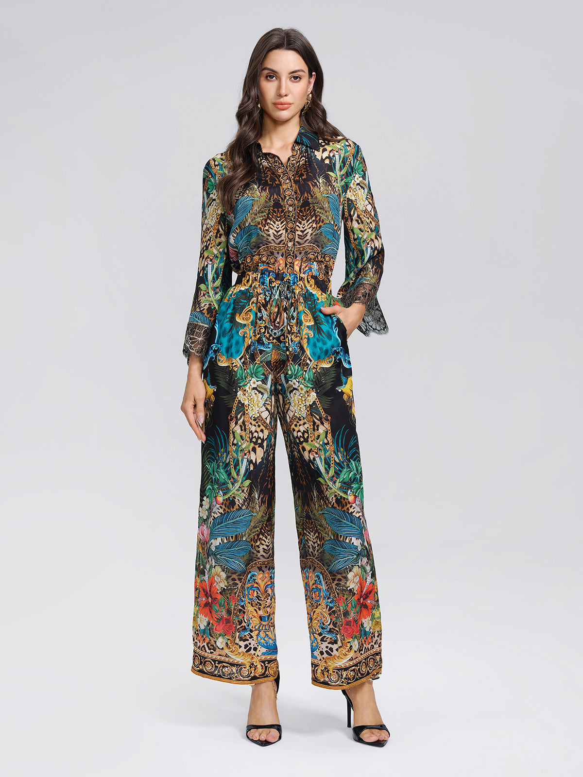 100% Silk Leopard Floral Wide Leg Pants