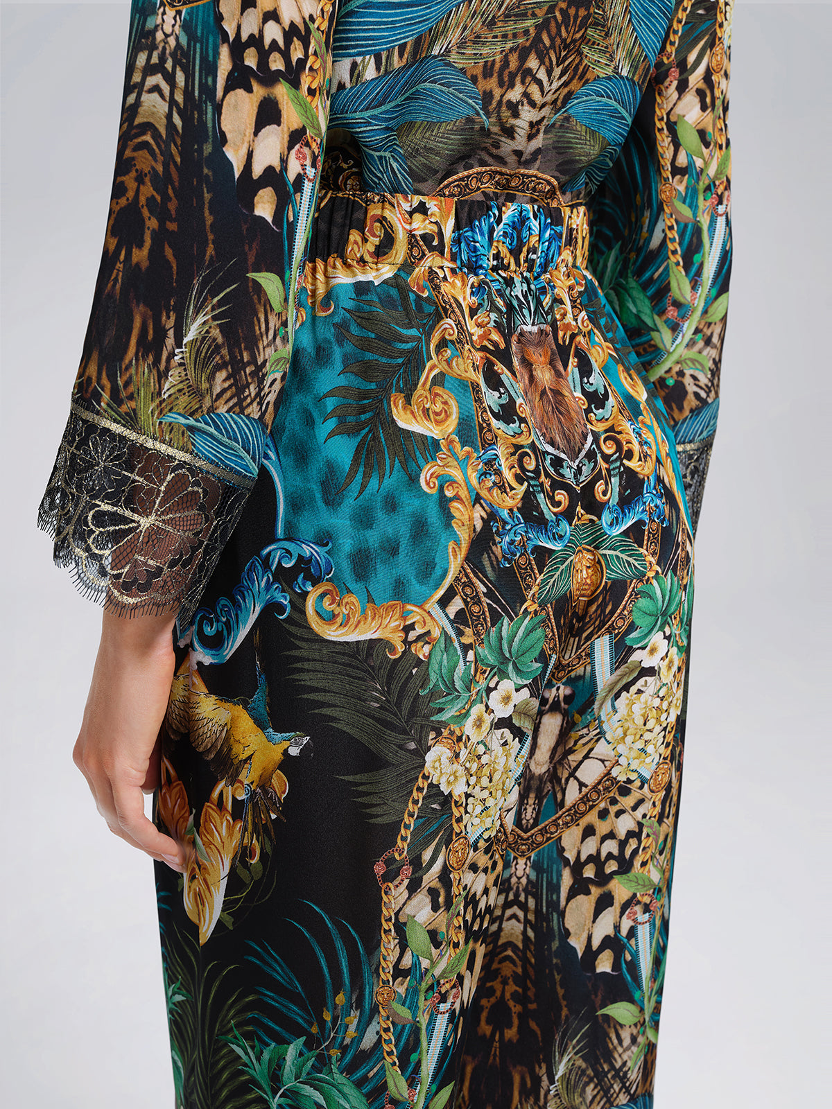 100% Silk Rhinestone Leopard Floral Shirt