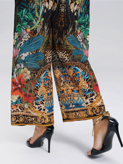 100% Silk Leopard Floral Wide Leg Pants