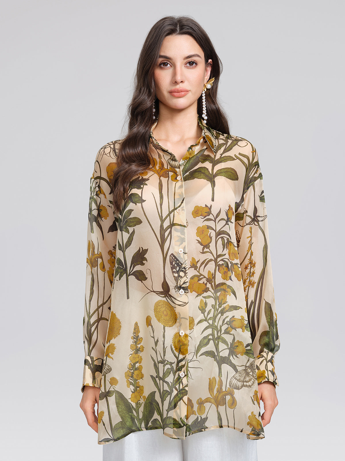 100% Silk Botanical Print Lantern Sleeve Slit Blouse