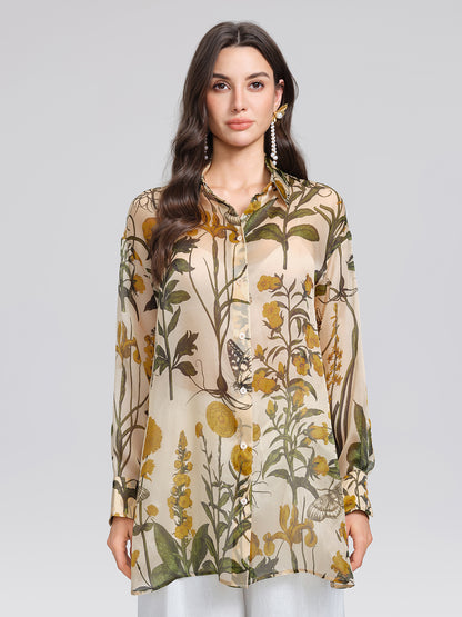100% Silk Botanical Print Lantern Sleeve Slit Blouse