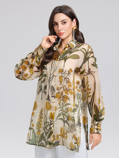 100% Silk Botanical Print Lantern Sleeve Slit Blouse