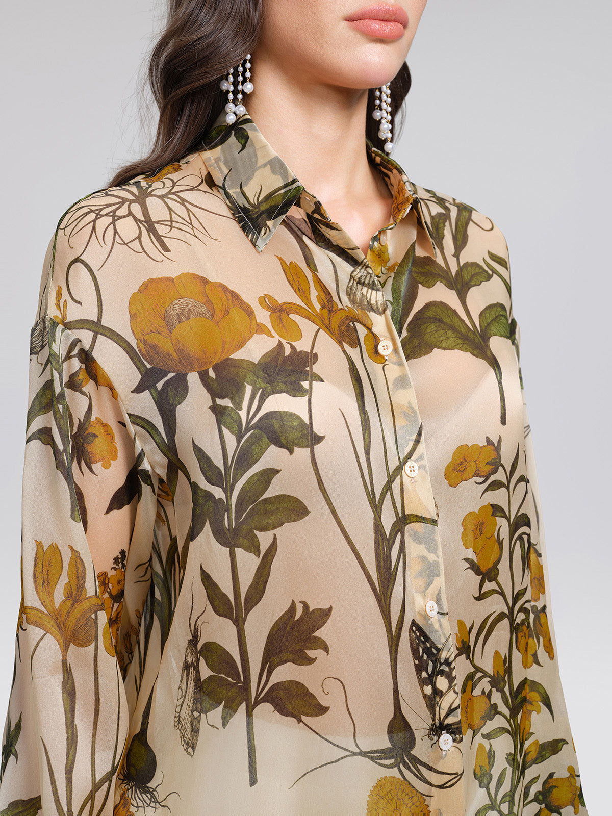 100% Silk Botanical Print Lantern Sleeve Slit Blouse