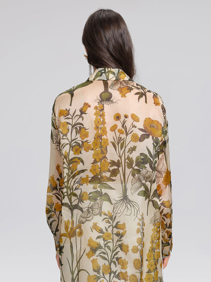 100% Silk Botanical Print Lantern Sleeve Slit Blouse