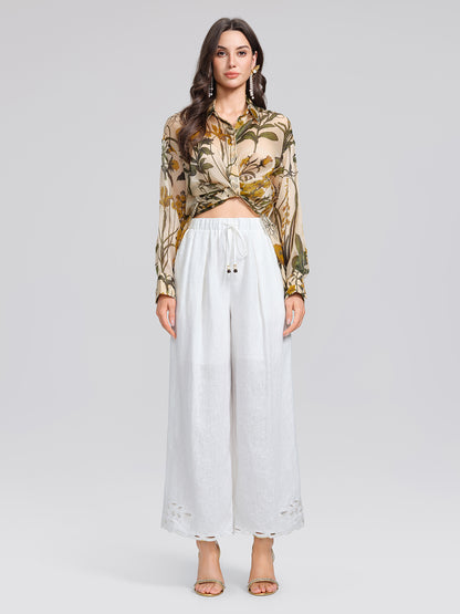 100% Silk Botanical Print Lantern Sleeve Slit Blouse