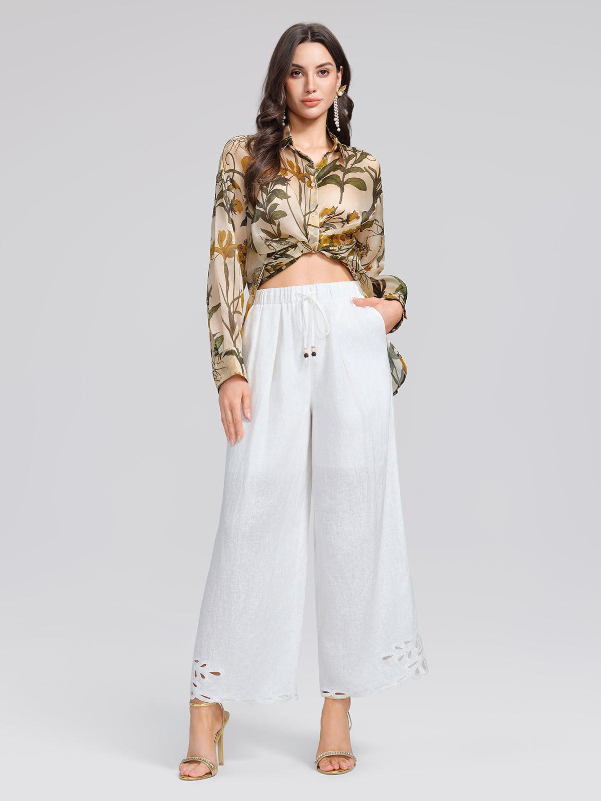 100% Silk Botanical Print Lantern Sleeve Slit Blouse