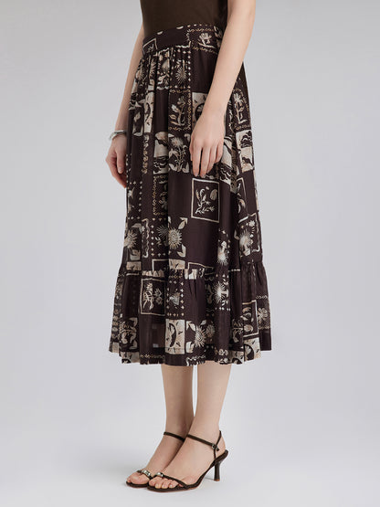 Silk Botanical Print Midi Skirt