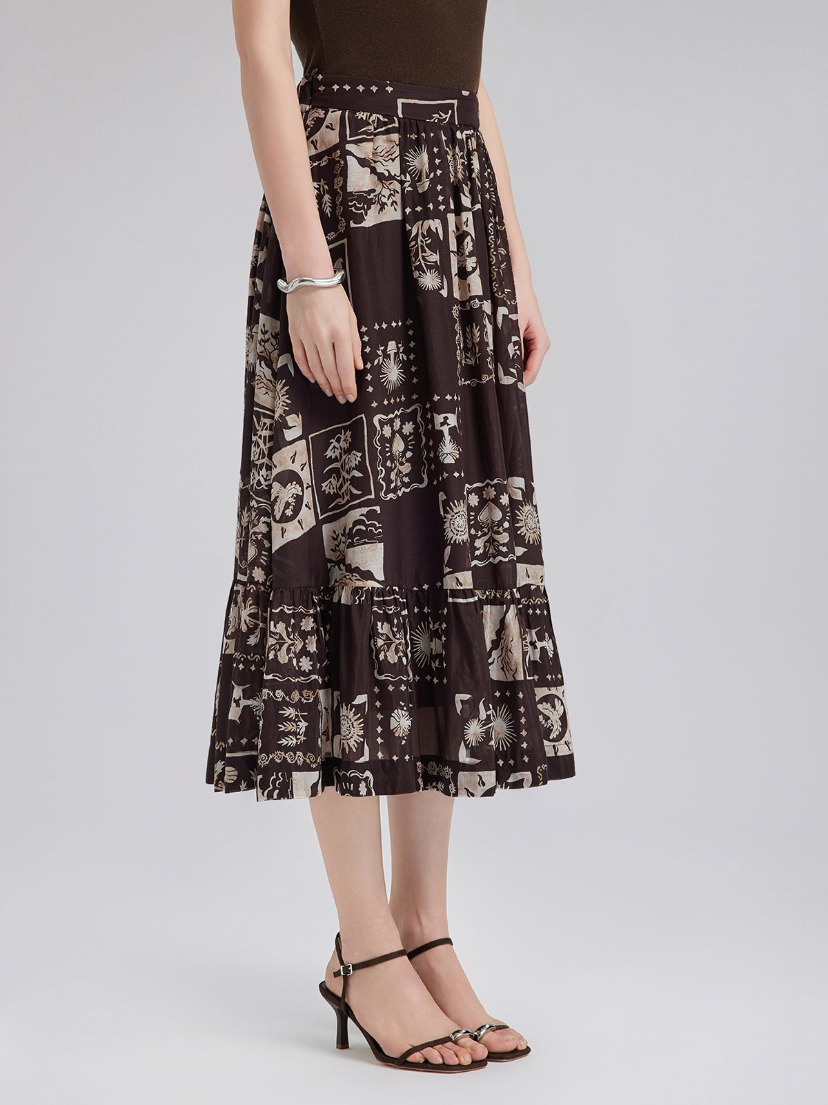 Silk Botanical Print Midi Skirt
