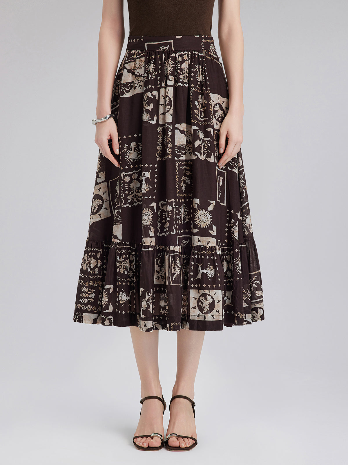 Silk Botanical Print Midi Skirt