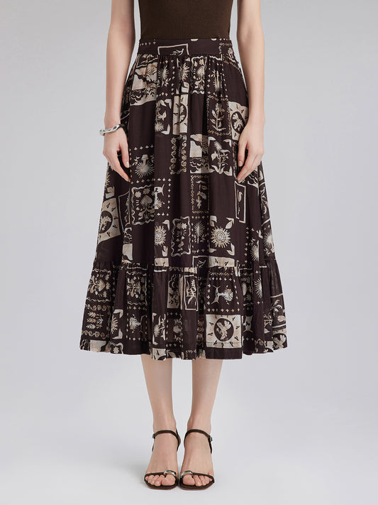 Silk Botanical Print Midi Skirt