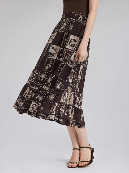 Silk Botanical Print Midi Skirt