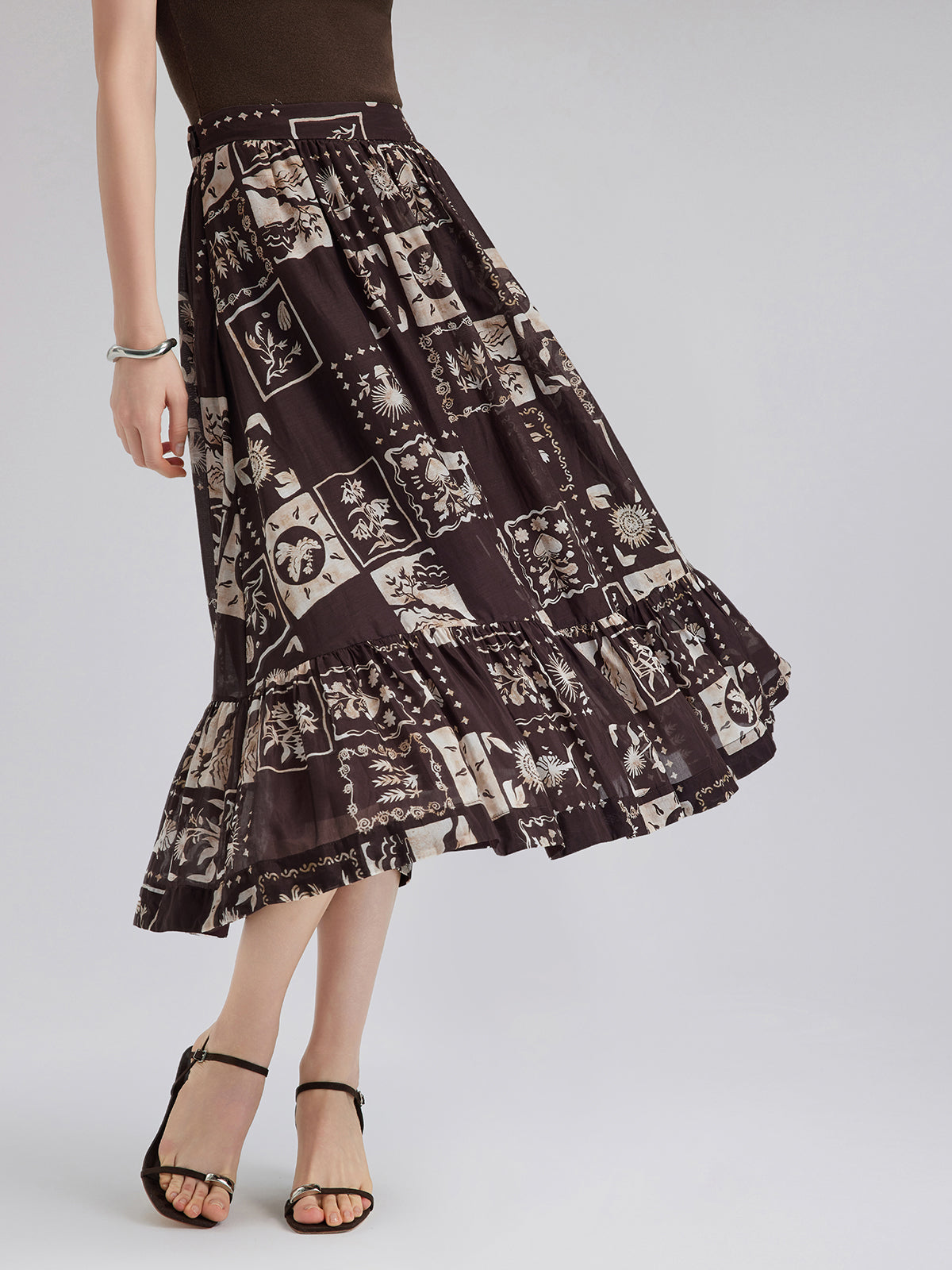 Silk Botanical Print Midi Skirt