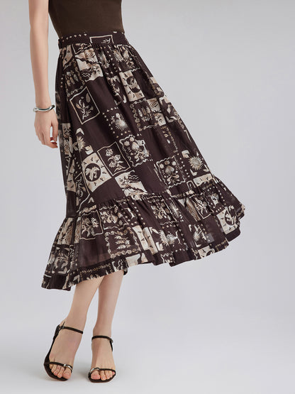 Silk Botanical Print Midi Skirt